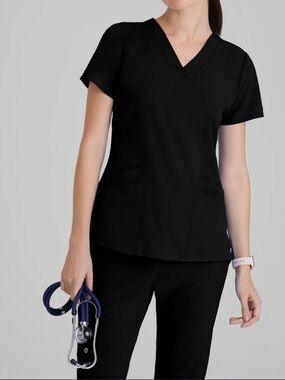 Purple Label Black V-Neck Scrub Top Size Medium